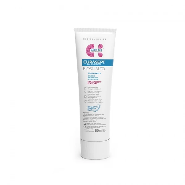 Vaikiška dantų pasta su fluoru, CURASEPT Biosmalto BABY-KID, braškių skonio, 50 ml